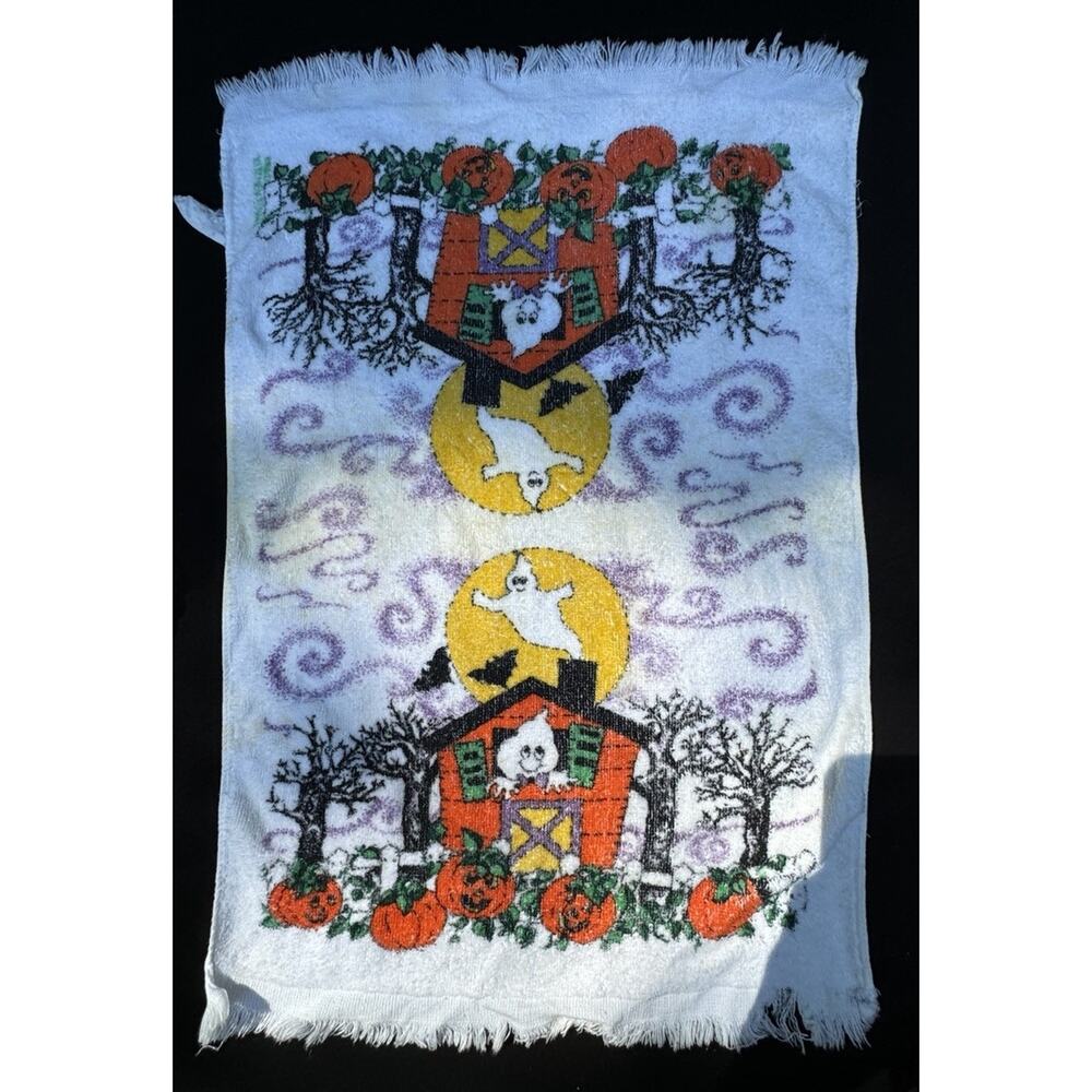VTG 1980’s Halloween Jack O Lantern Ghost Kitchen Hand Towels Fringe -C2